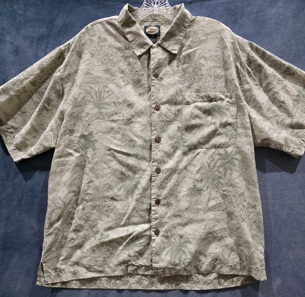 Tommy Bahama Hawaiian Shirt Mens L Coastal Grandad Muted Sage Green Tropical AOP